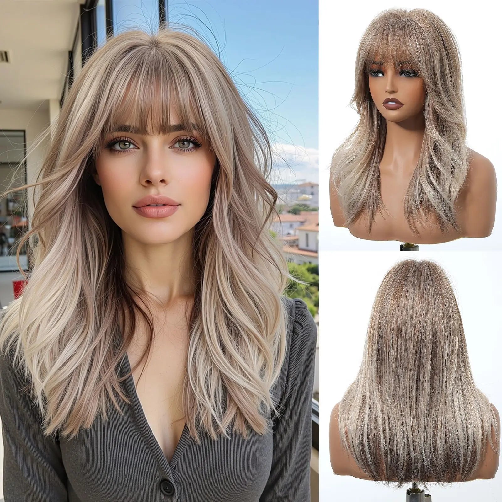 EASIHAIR Long Curly Synthetic Wigs with Bangs