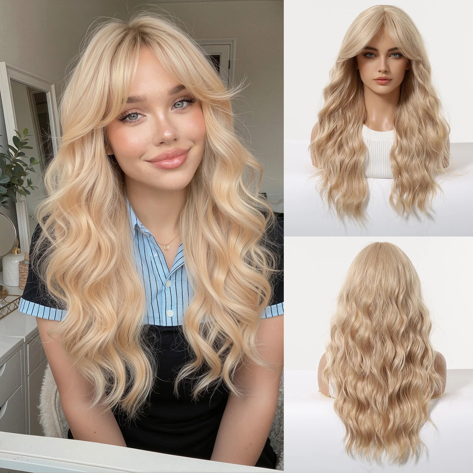 Long Wavy Wig with Bangs Light Blonde Body Wave