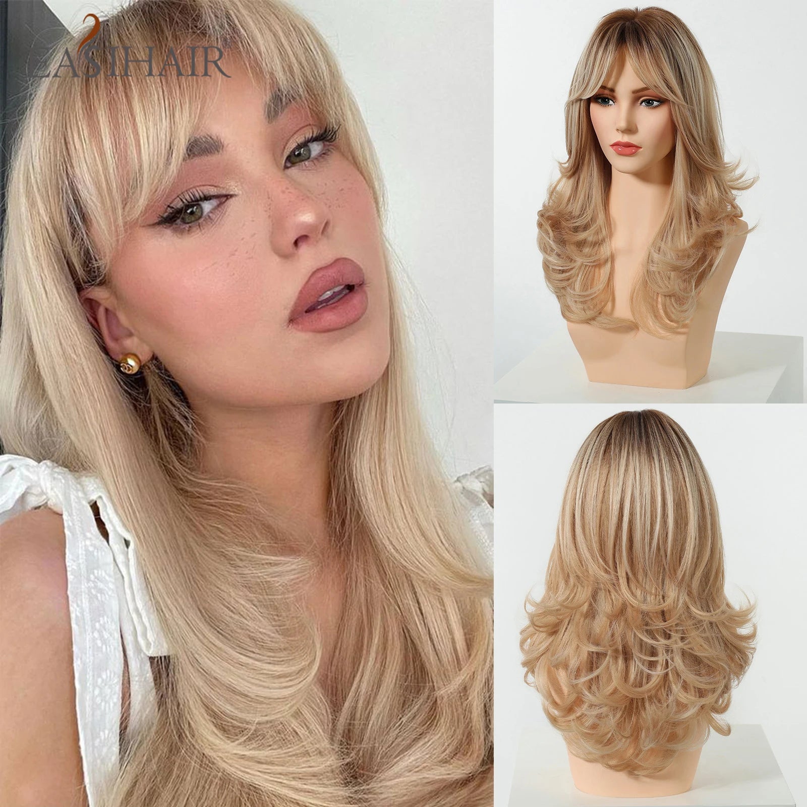 EASIHAIR Long Curly Synthetic Wigs with Bangs