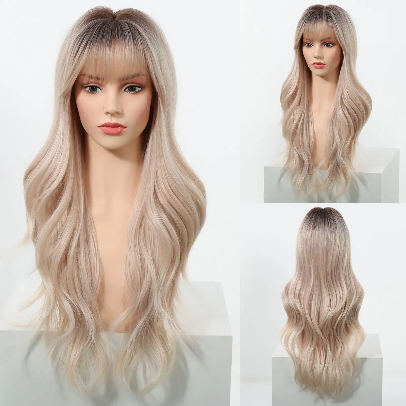 EASIHAIR Long Curly Synthetic Wigs with Bangs
