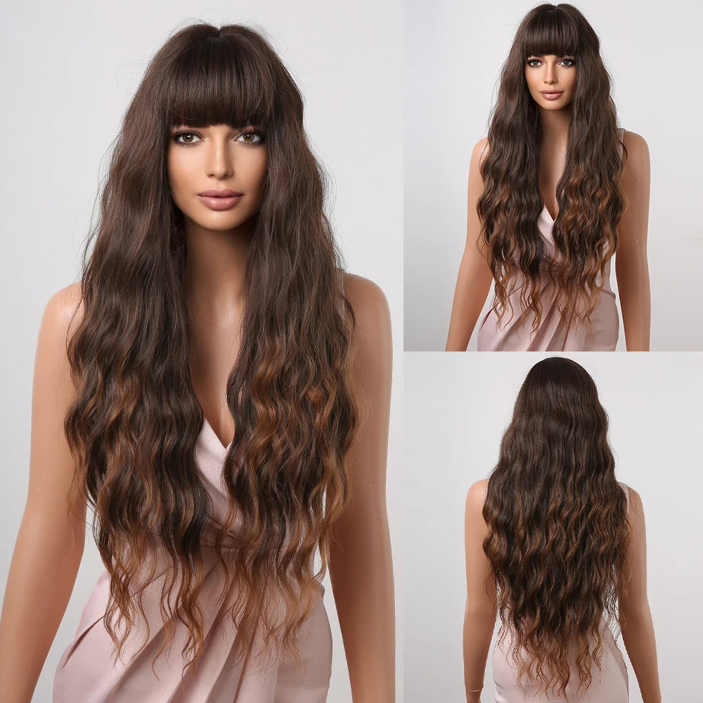 EASIHAIR Long Curly Synthetic Wigs with Bangs