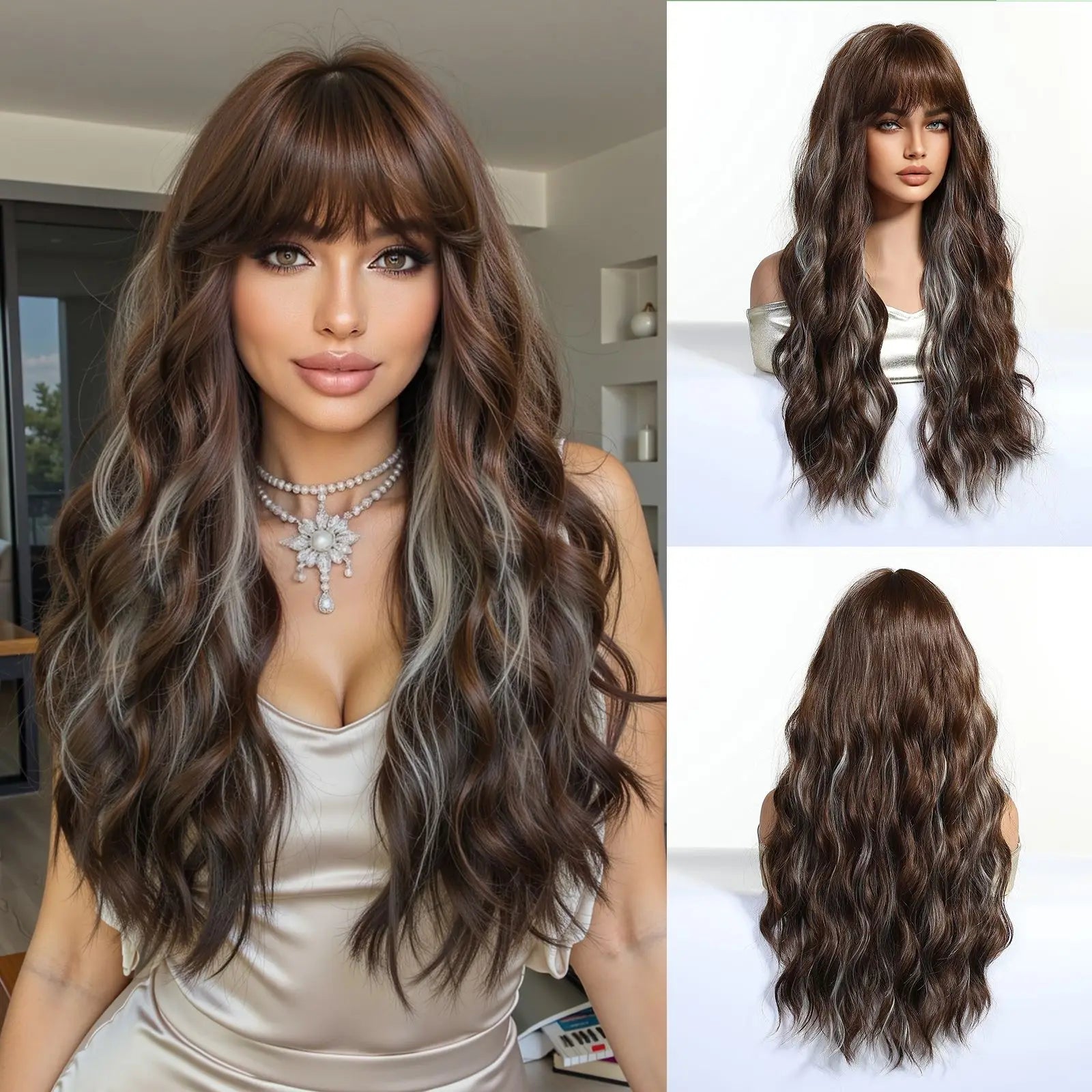 EASIHAIR Long Curly Synthetic Wigs with Bangs