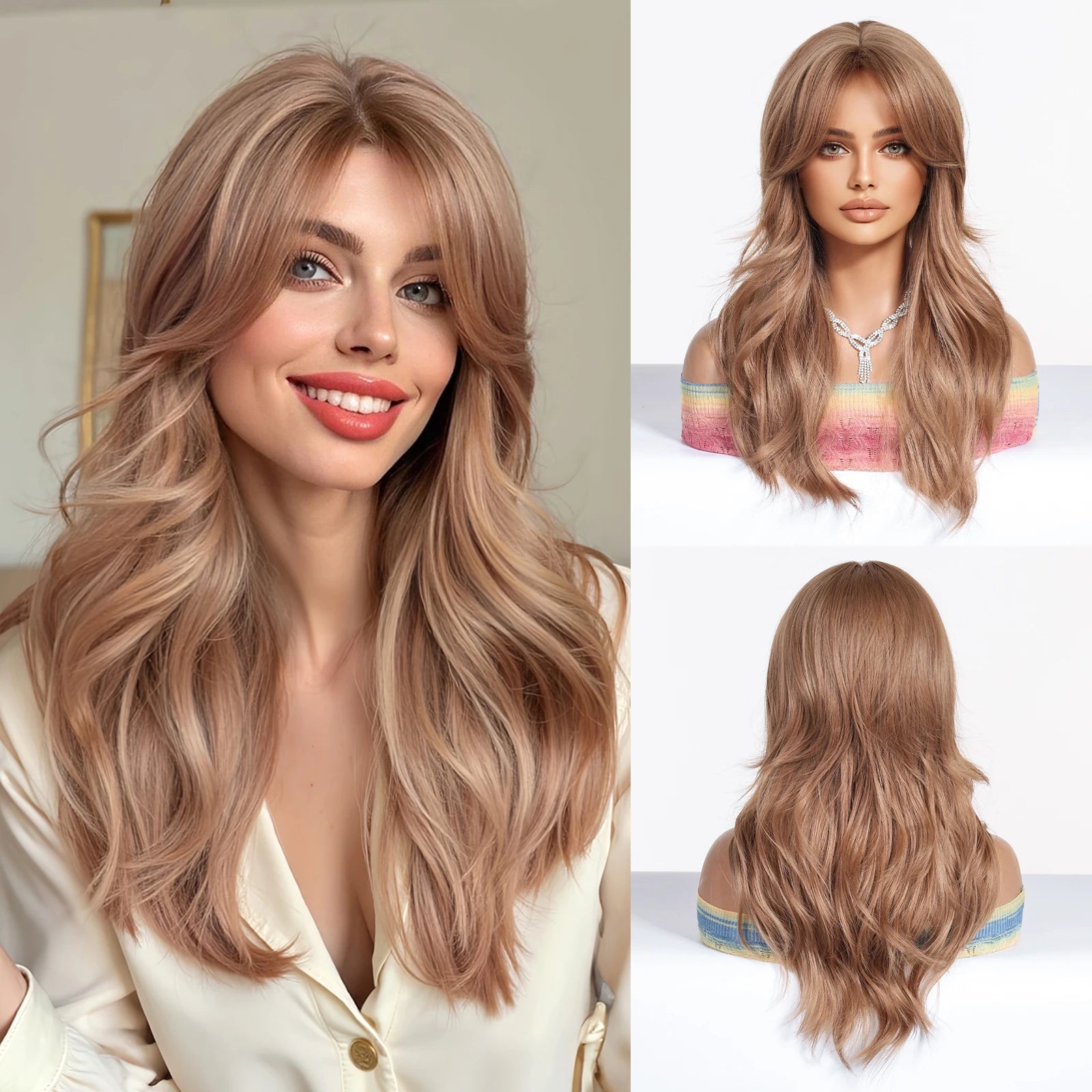 EASIHAIR Long Curly Synthetic Wigs with Bangs