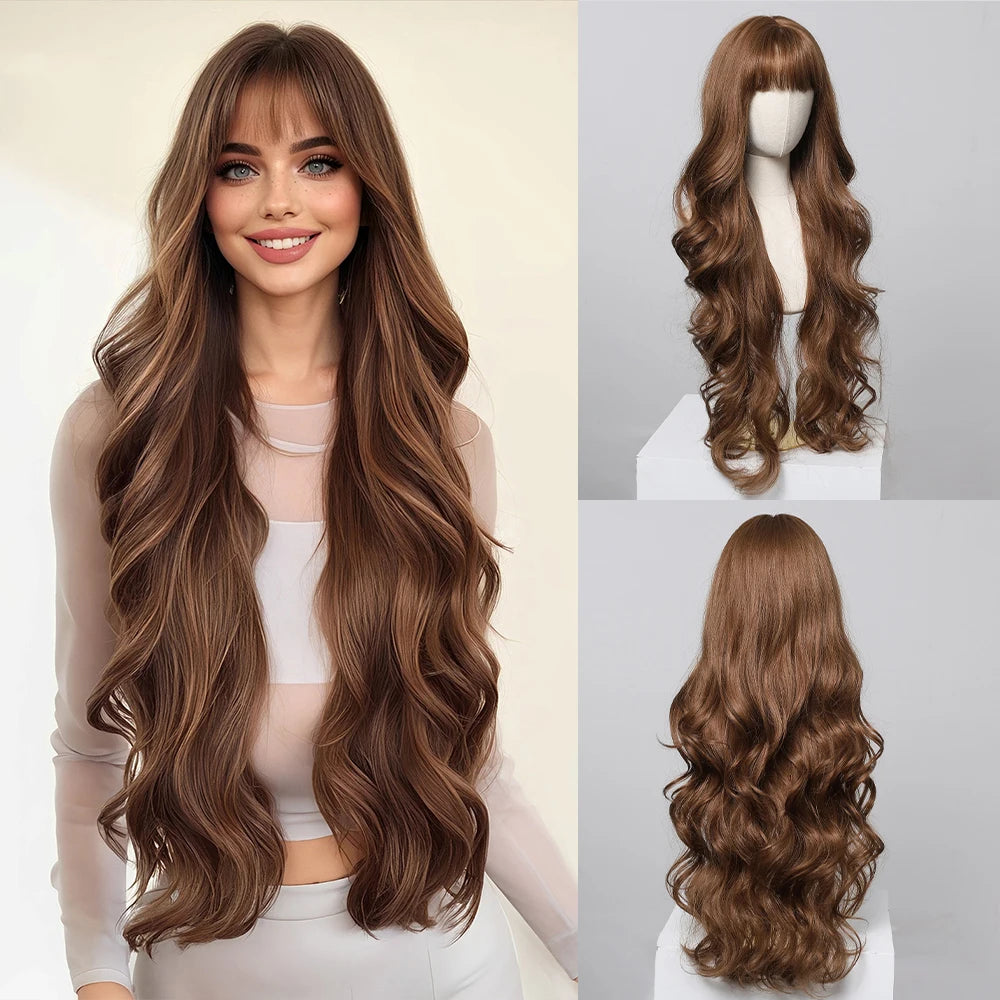 EASIHAIR Long Curly Synthetic Wigs with Bangs