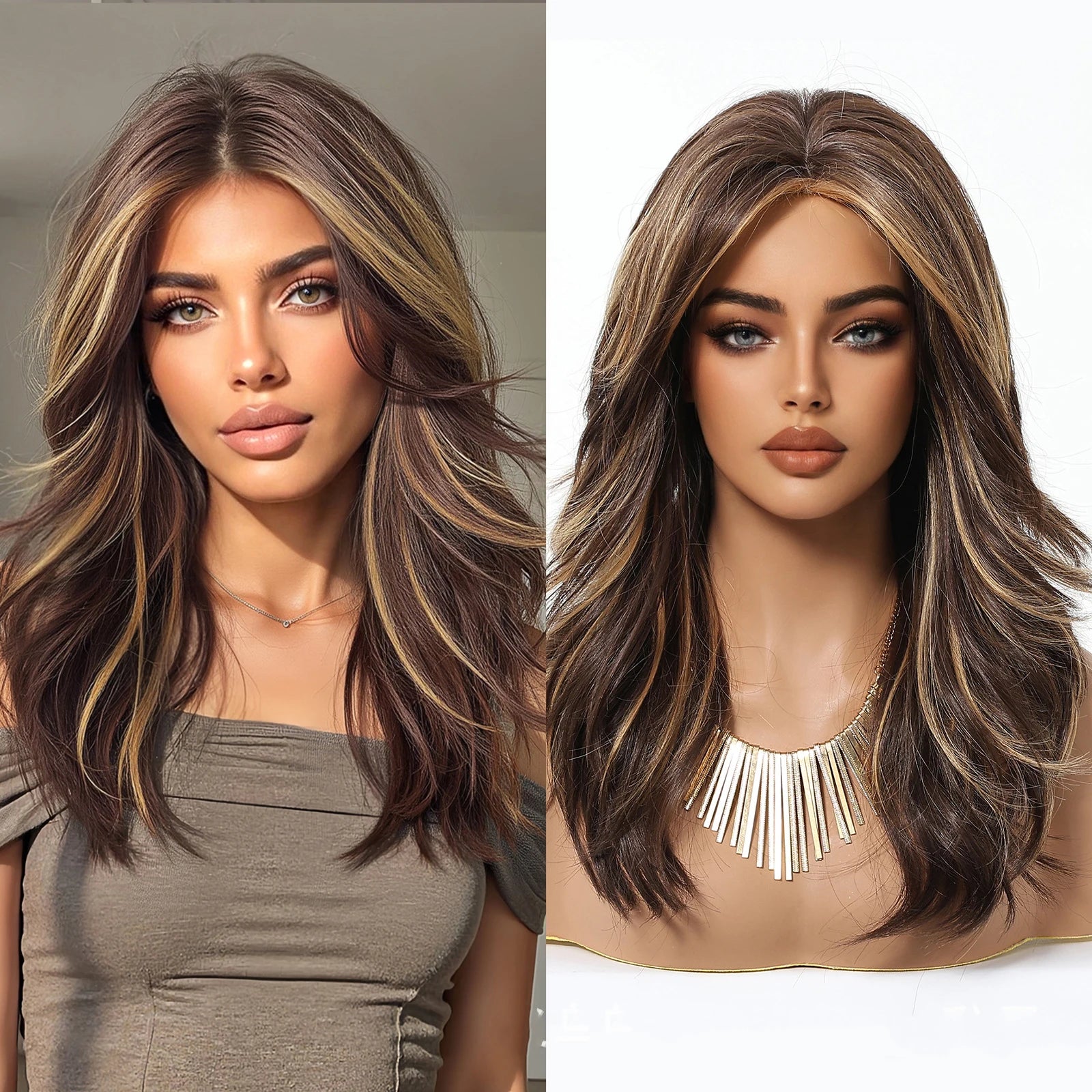 EASIHAIR Long Curly Synthetic Wigs with Bangs