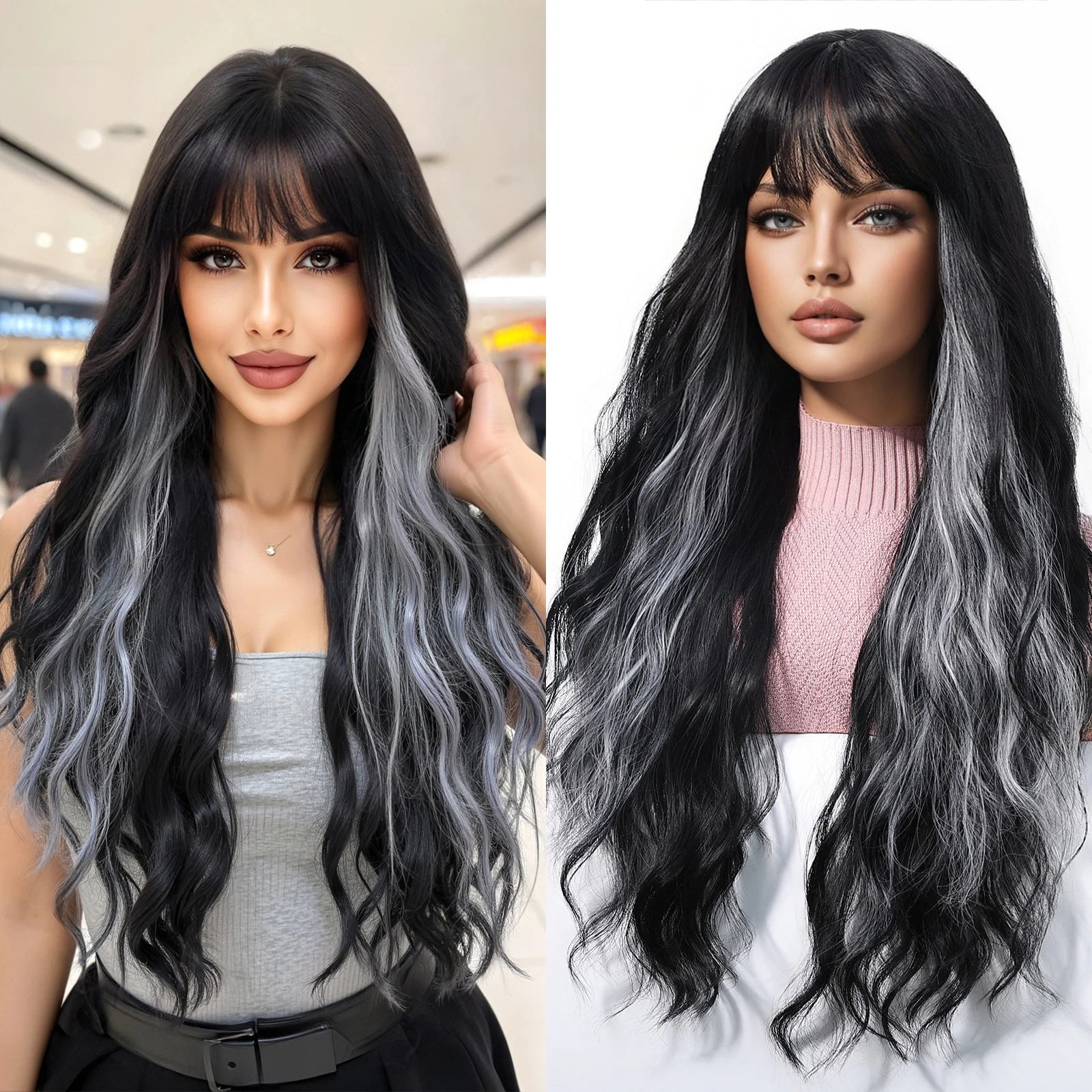 EASIHAIR Long Curly Synthetic Wigs with Bangs