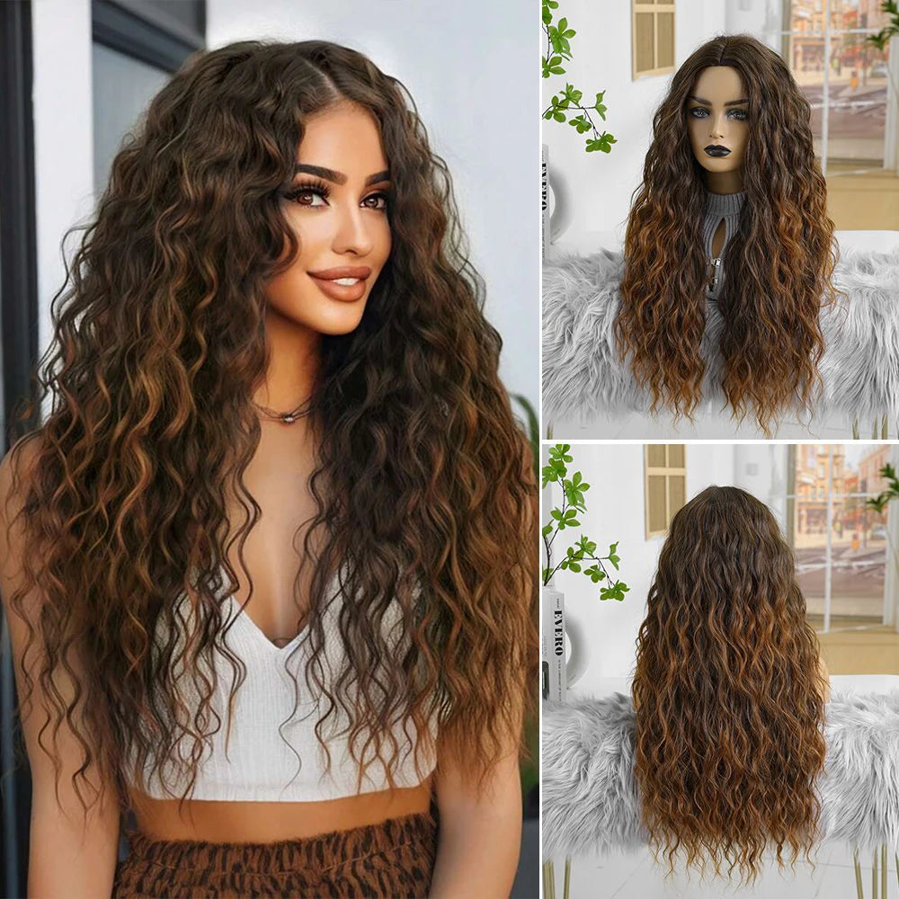 EASIHAIR Long Curly Synthetic Wigs with Bangs