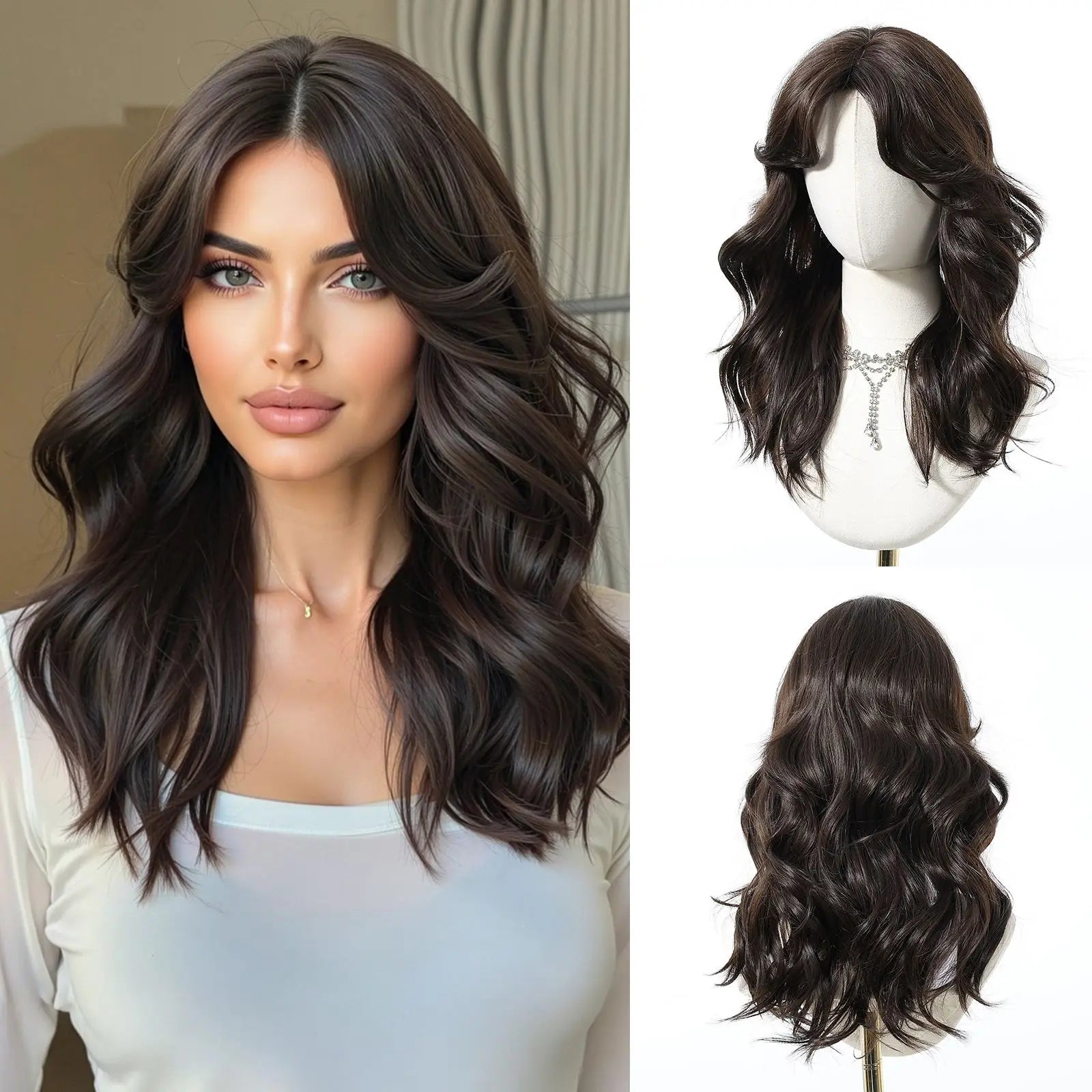 EASIHAIR Long Curly Synthetic Wigs with Bangs