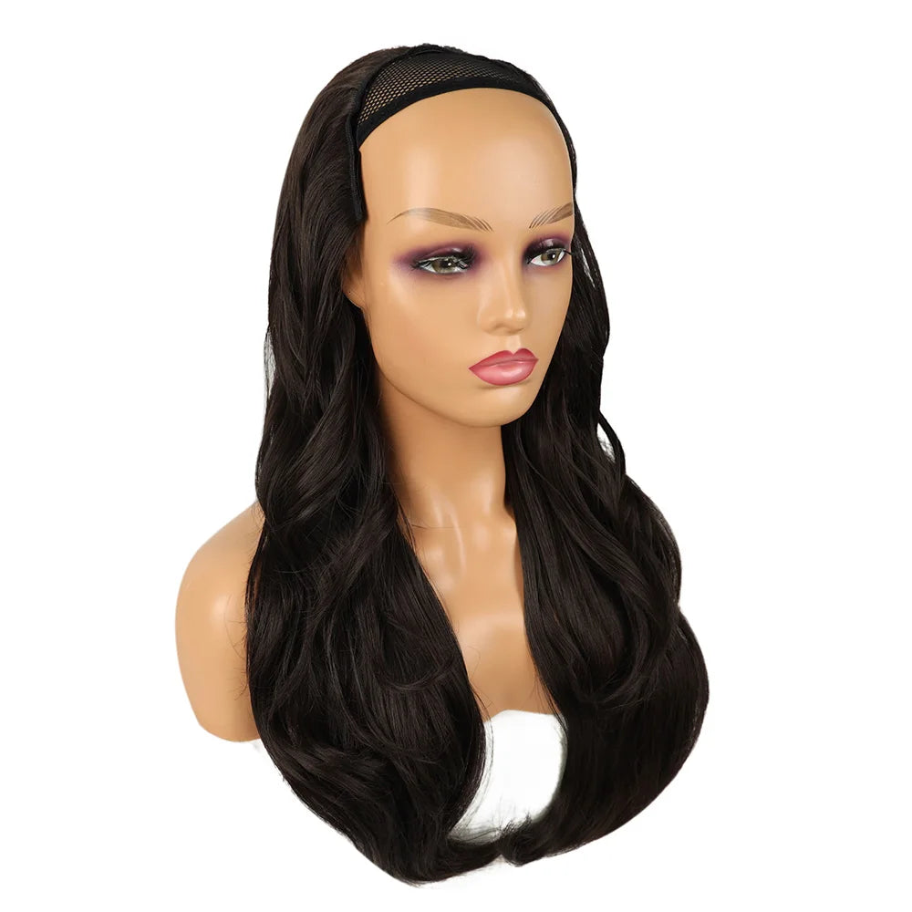 24Inch Synthetic Long Wavy Head Tied 3/4 Half Wigs for Women With Clips In Curly Hair Extension Black Hairpieces Wigs Daily Use