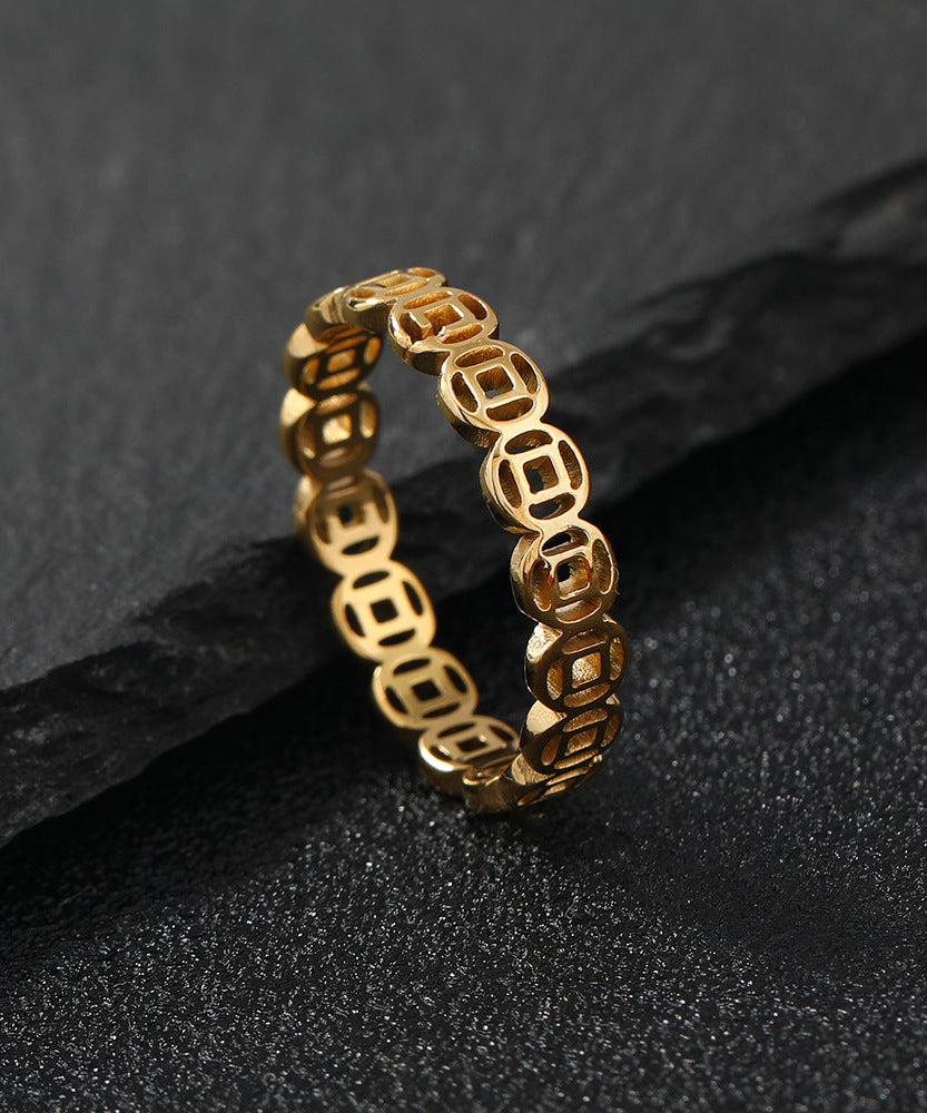 Stainless Steel Hollow Lucky Copper Coin Index Finger Ring Retro Couple Ring