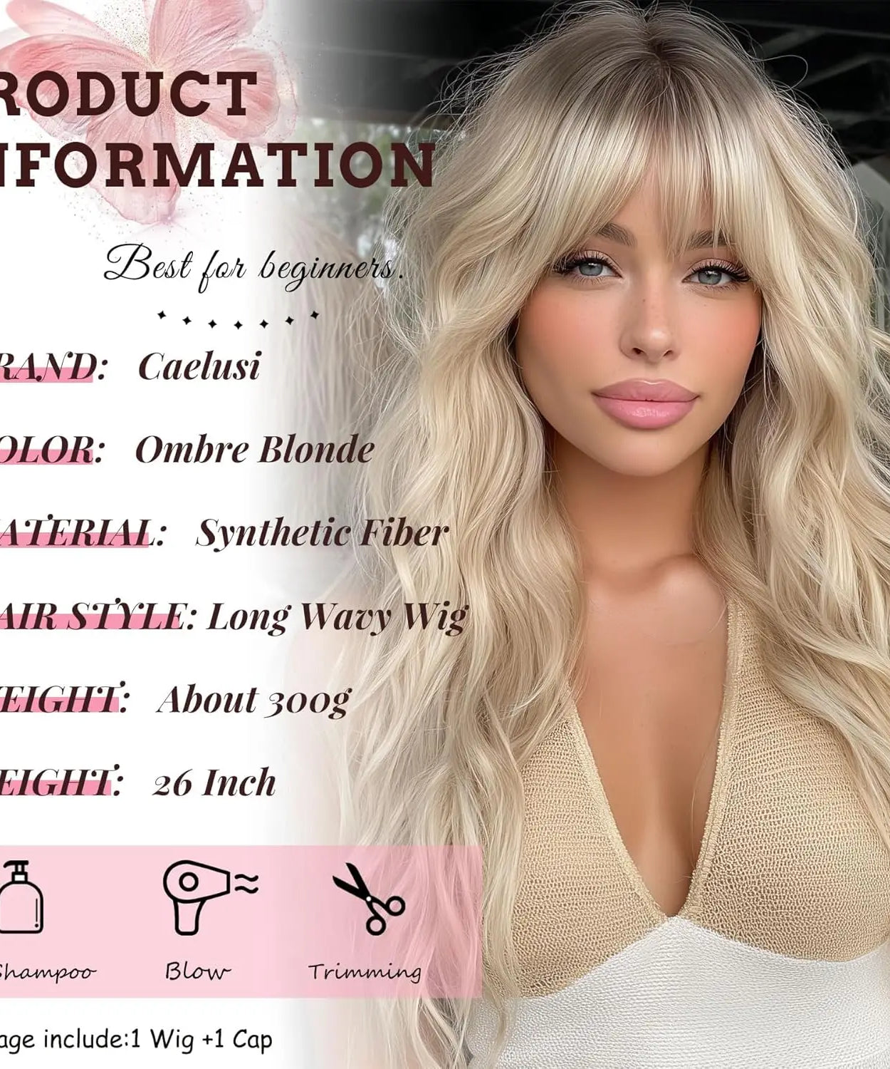Ombre Blonde Wig with Bangs Long Wavy Wig Platinum Blonde Wigs for Women with Dark Roots Natural Synthetic Wigs Curly Hair