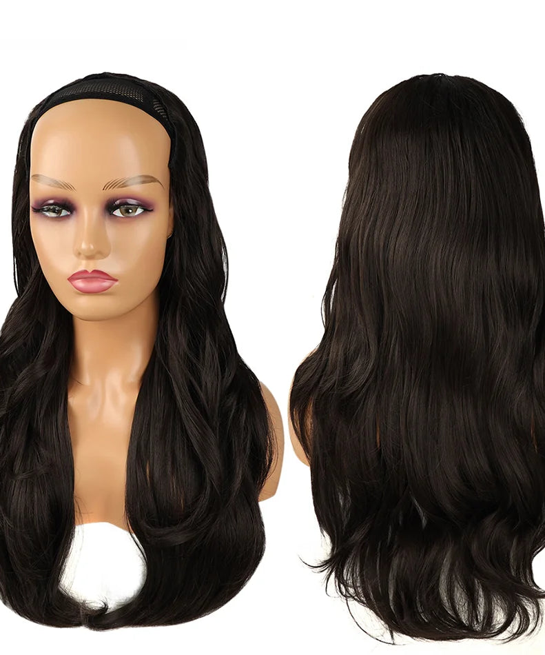24Inch Synthetic Long Wavy Head Tied 3/4 Half Wigs for Women With Clips In Curly Hair Extension Black Hairpieces Wigs Daily Use