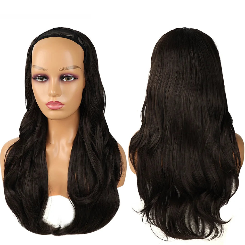 24Inch Synthetic Long Wavy Head Tied 3/4 Half Wigs for Women With Clips In Curly Hair Extension Black Hairpieces Wigs Daily Use