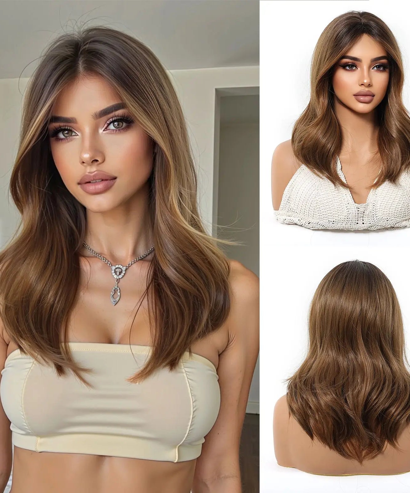 Blonde Brown Highlights Wigs Medium Length
