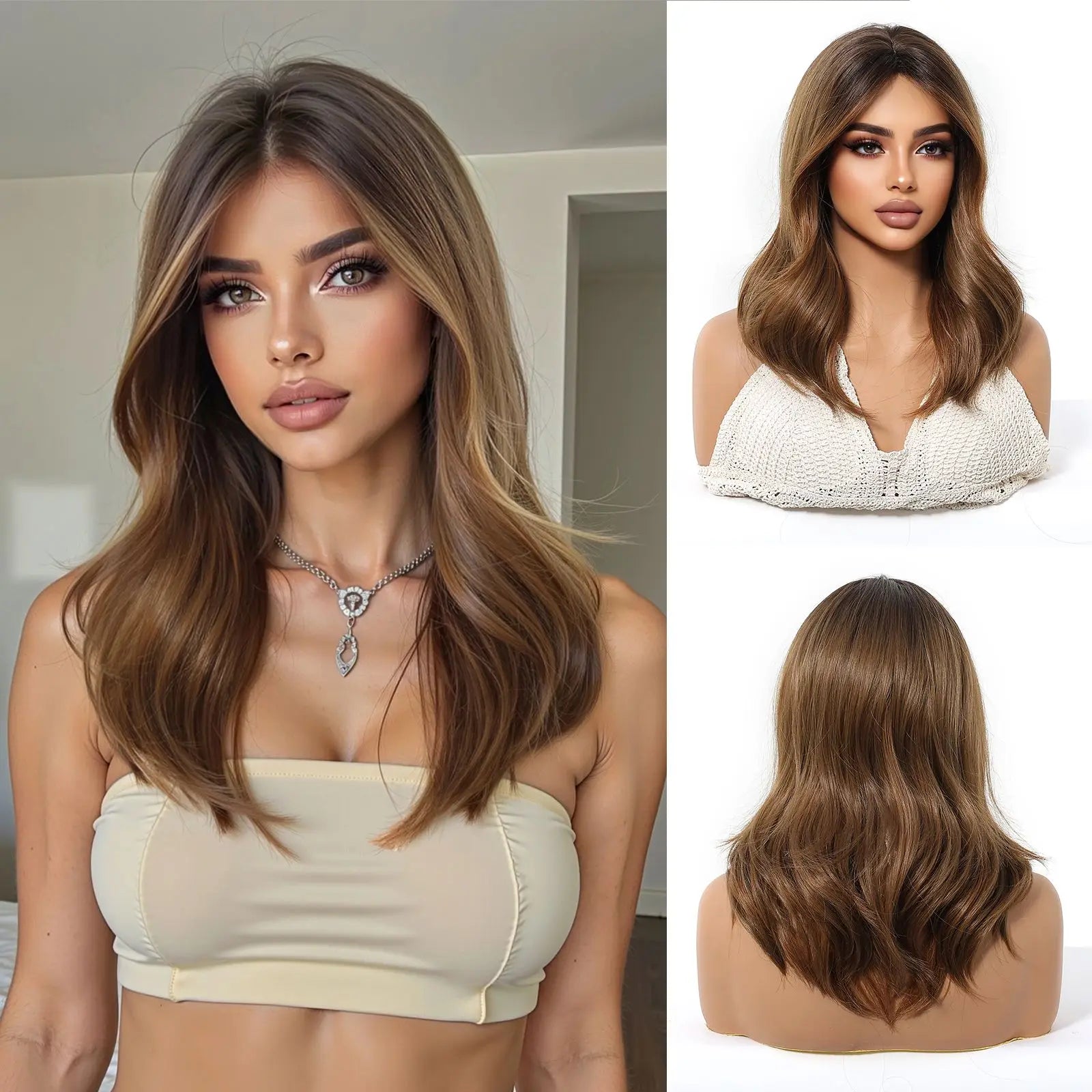 Blonde Brown Highlights Wigs Medium Length