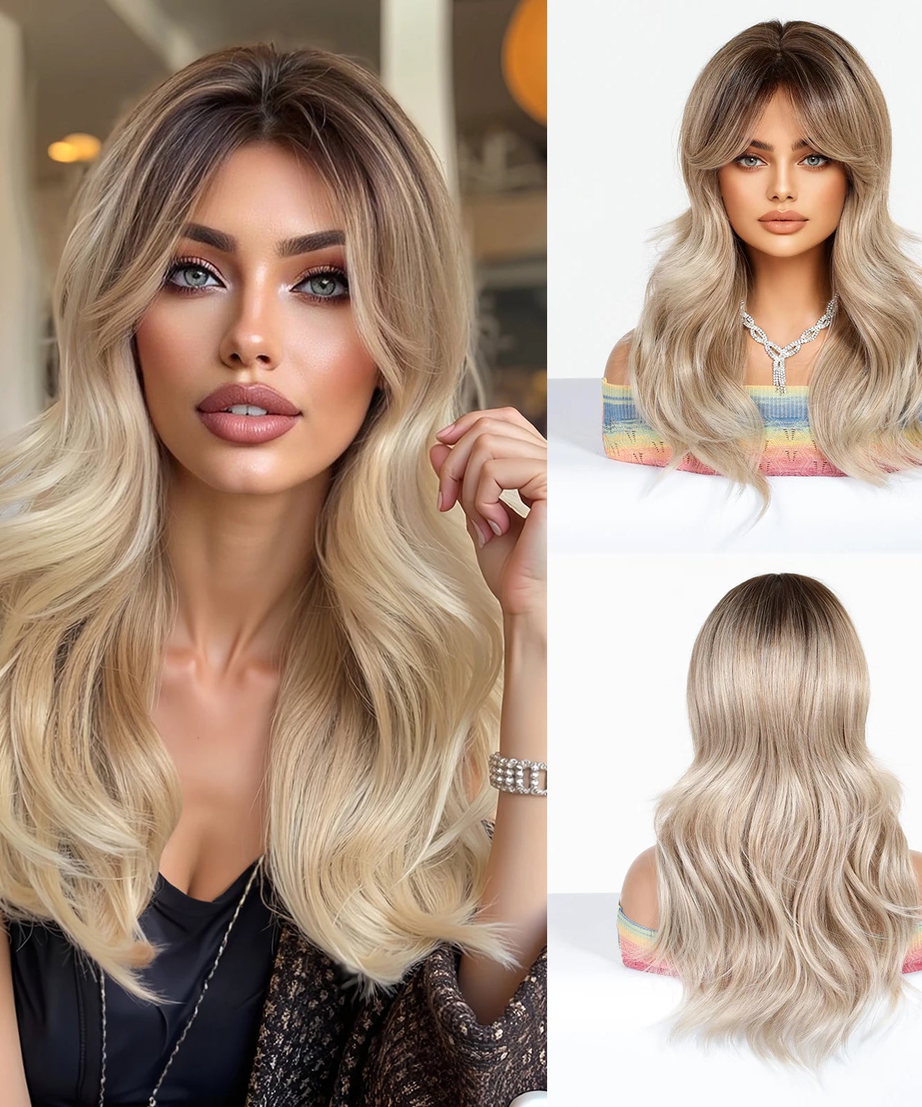 EASIHAIR Long Curly Synthetic Wigs with Bangs