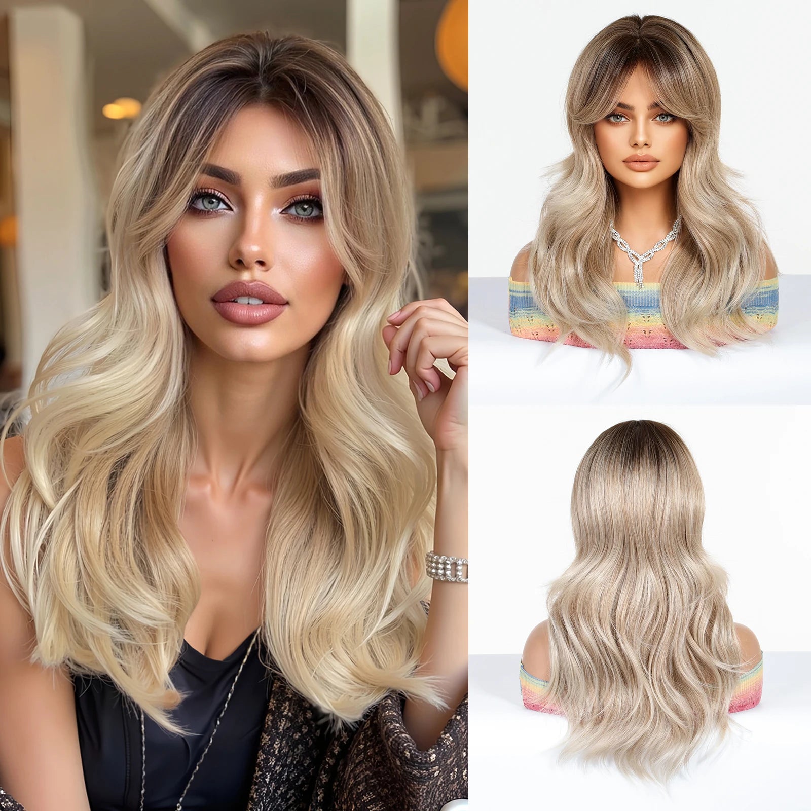 EASIHAIR Long Curly Synthetic Wigs with Bangs