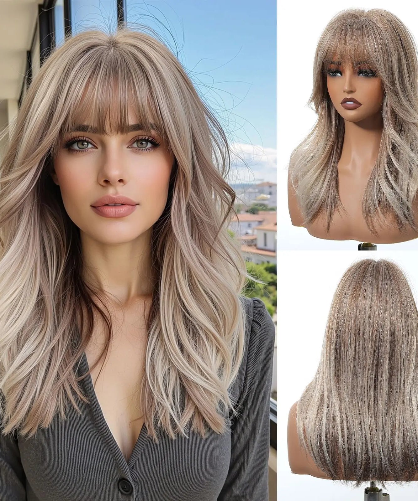 EASIHAIR Long Curly Synthetic Wigs with Bangs