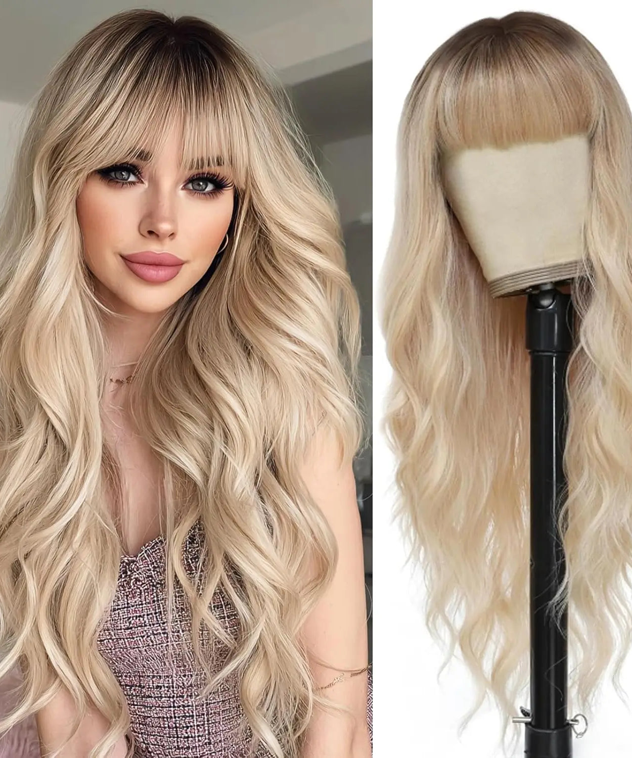 Ombre Blonde Wig with Bangs Long Wavy Wig Platinum Blonde Wigs for Women with Dark Roots Natural Synthetic Wigs Curly Hair
