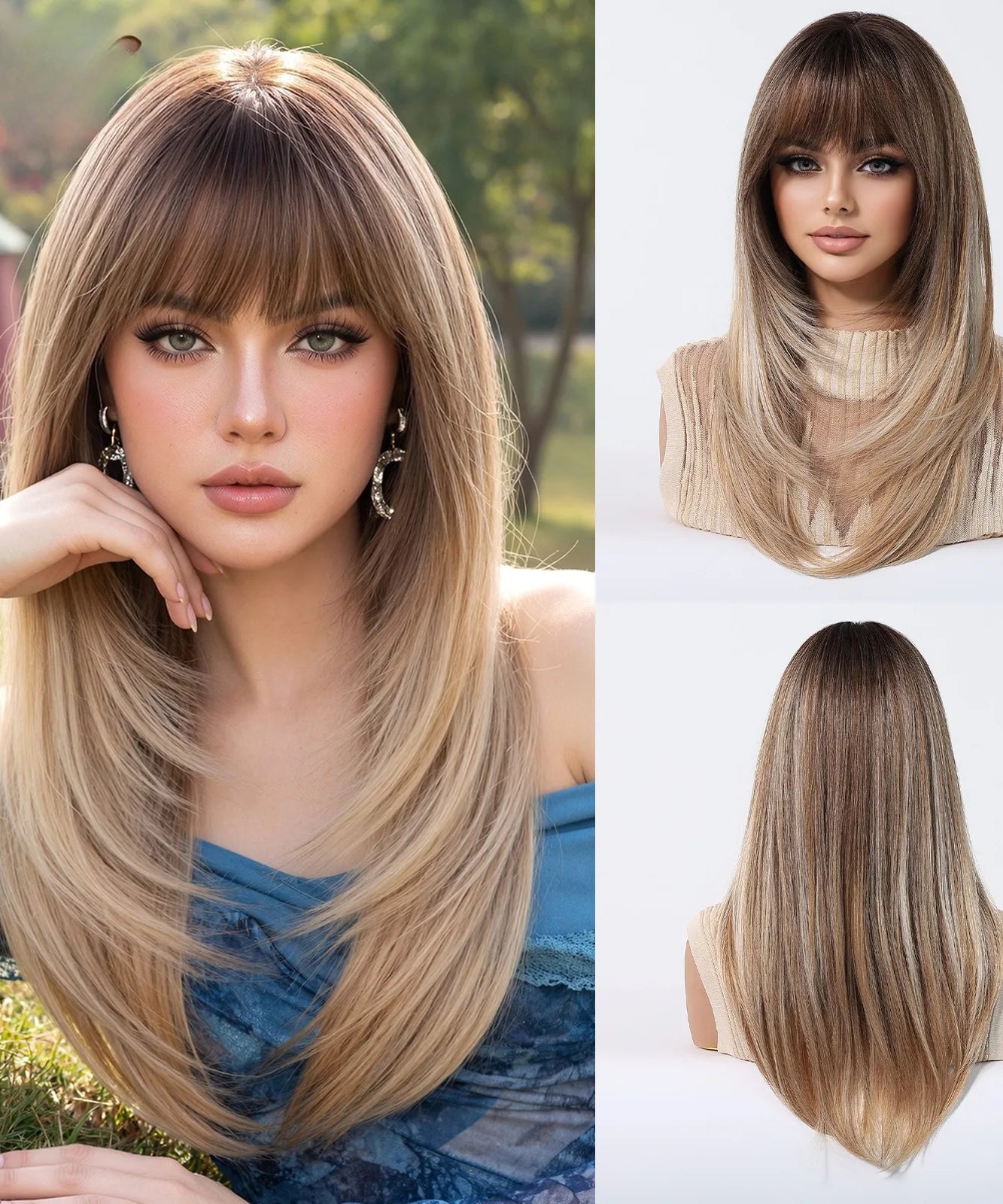 Blonde to Brown Ombre Long Straight Wig for Women
