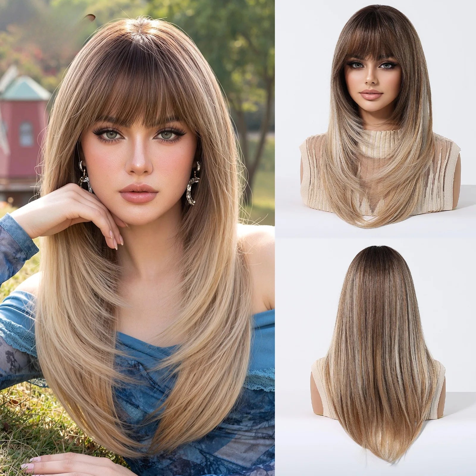 Blonde to Brown Ombre Long Straight Wig for Women