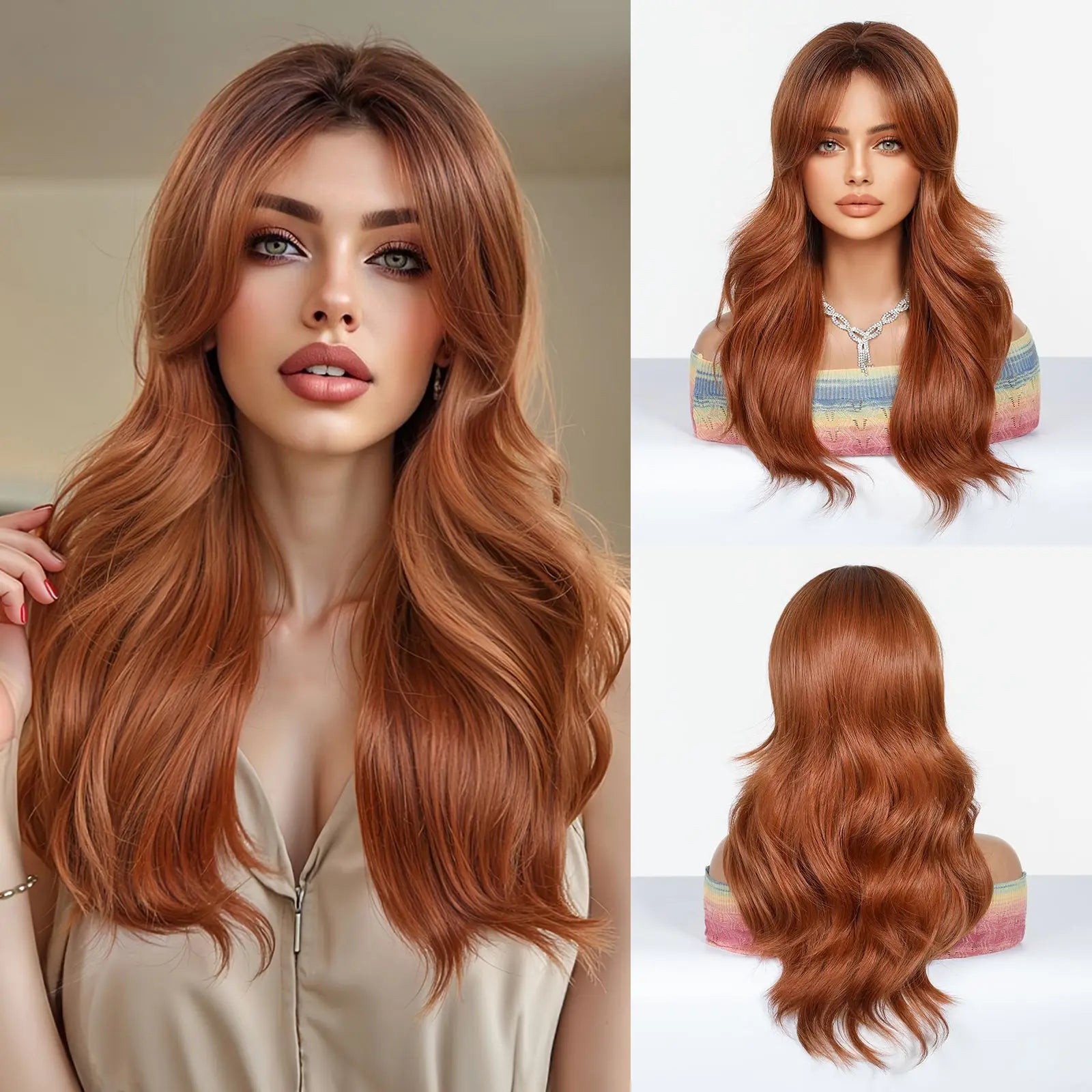EASIHAIR Long Curly Synthetic Wigs with Bangs