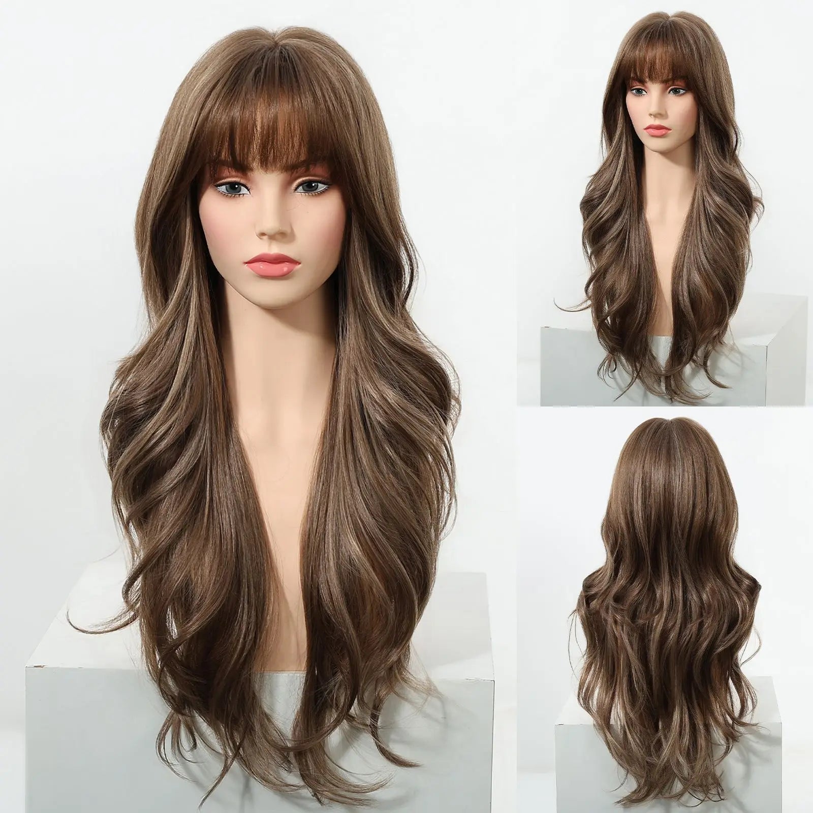EASIHAIR Long Curly Synthetic Wigs with Bangs