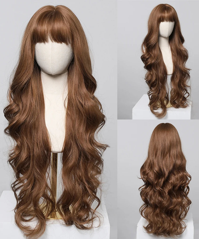 Brown Wavy Wigs for Women with Bangs Long Natural
