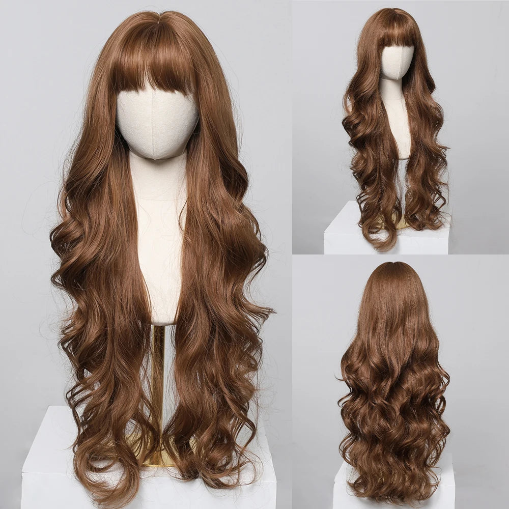 Brown Wavy Wigs for Women with Bangs Long