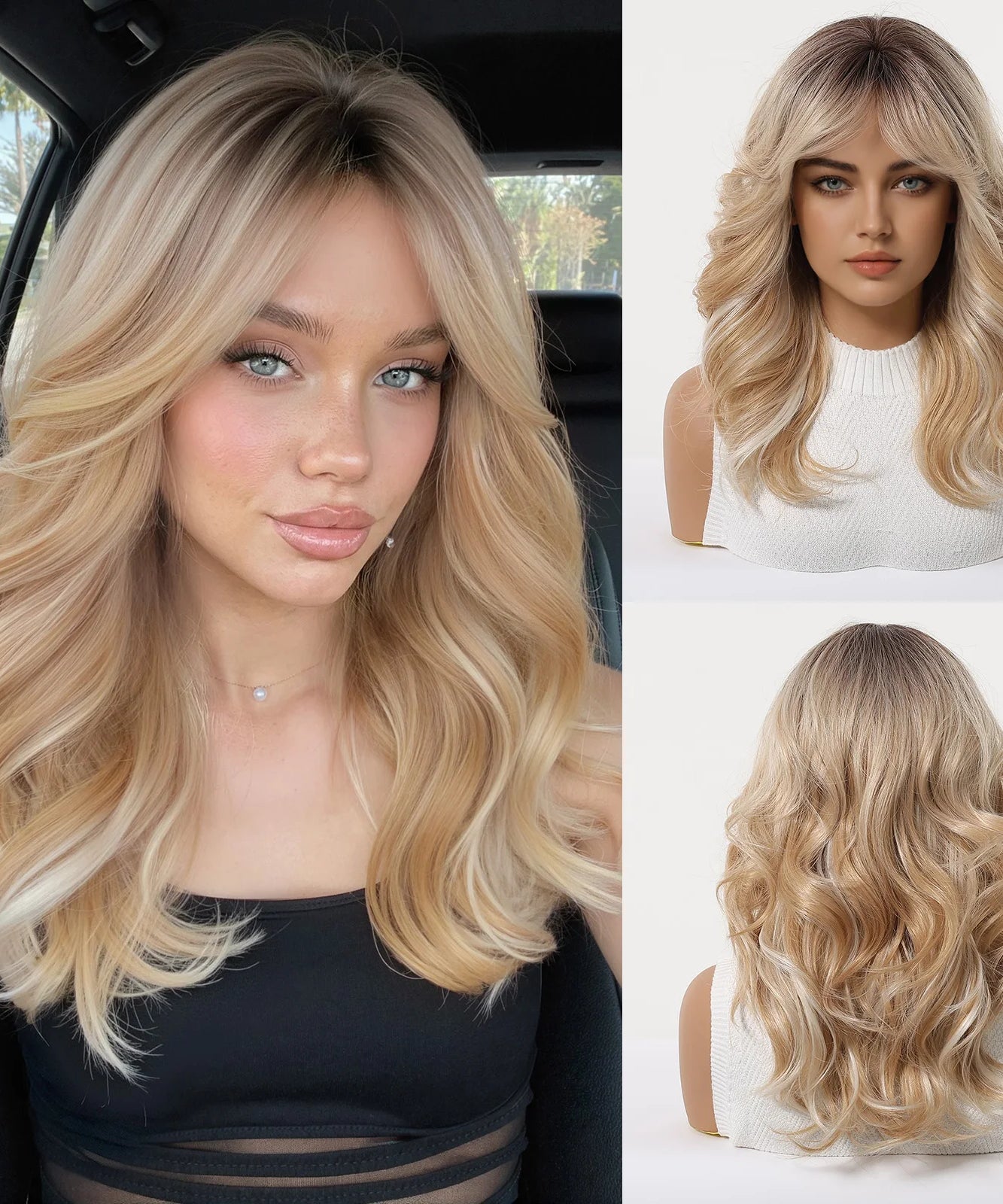 Long Wavy Wig with Bangs Light Blonde Body Wave