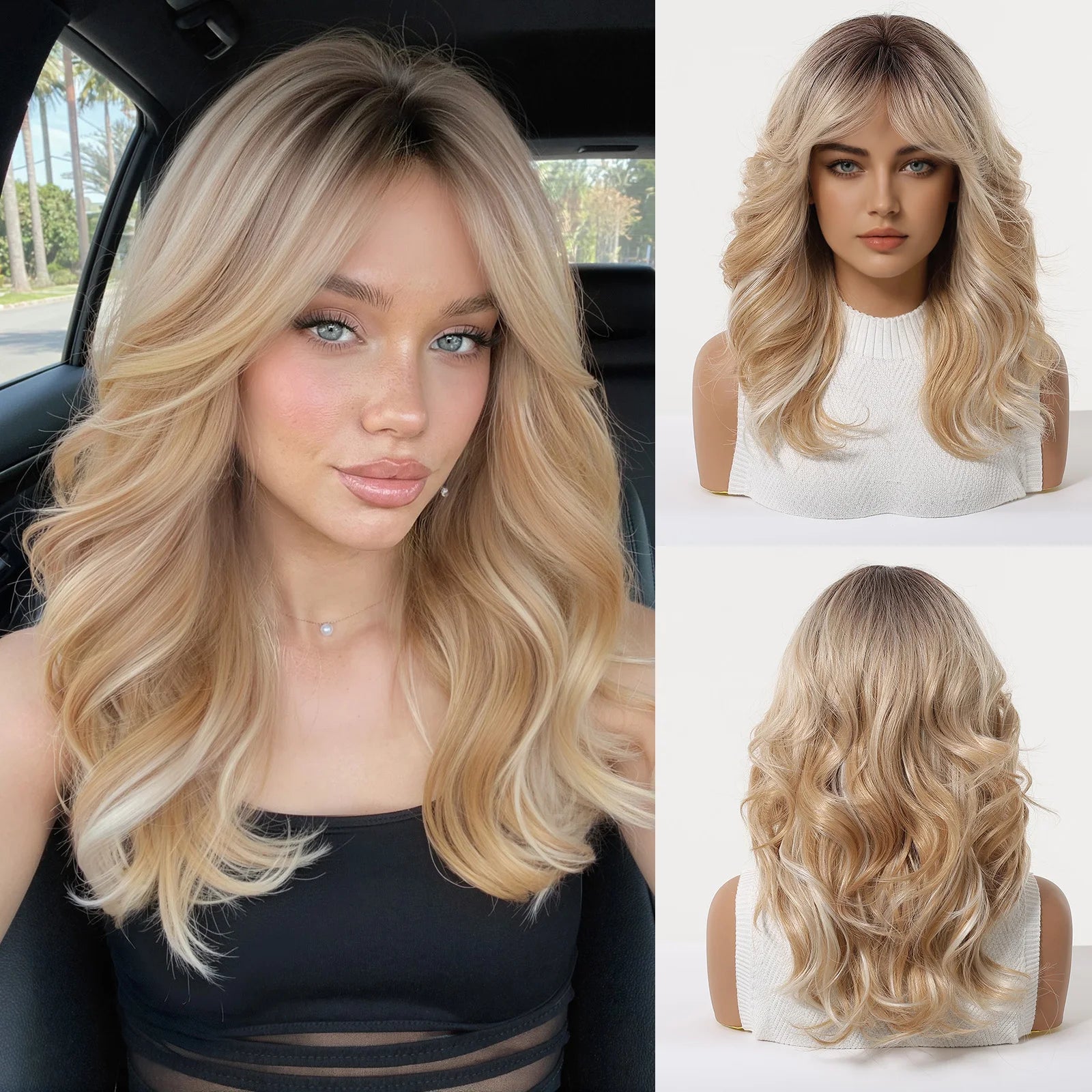 Long Wavy Wig with Bangs Light Blonde Body Wave
