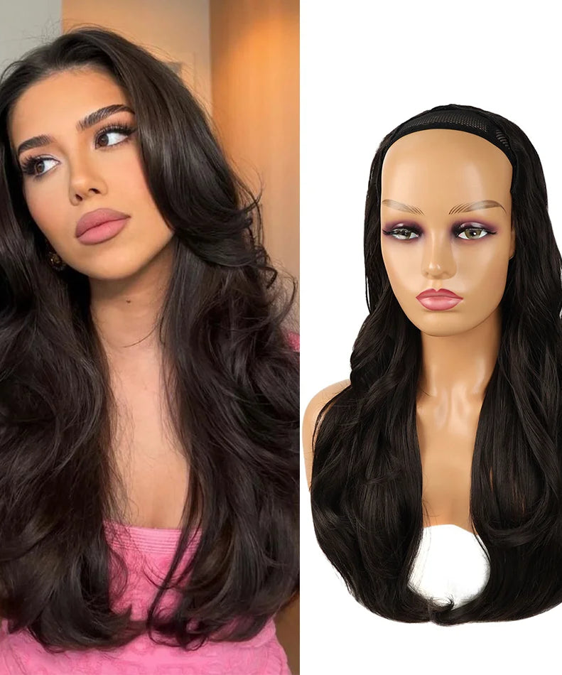 24Inch Synthetic Long Wavy Head Tied 3/4 Half Wigs for Women With Clips In Curly Hair Extension Black Hairpieces Wigs Daily Use