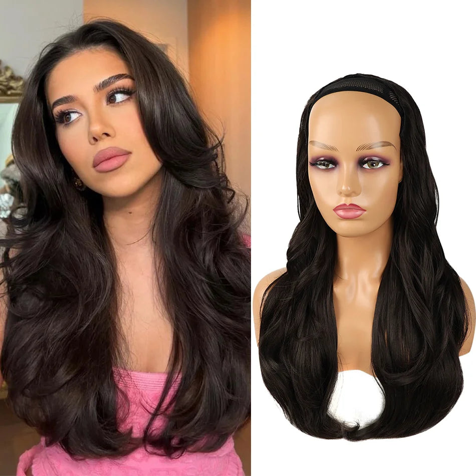24Inch Synthetic Long Wavy Head Tied 3/4 Half Wigs for Women With Clips In Curly Hair Extension Black Hairpieces Wigs Daily Use