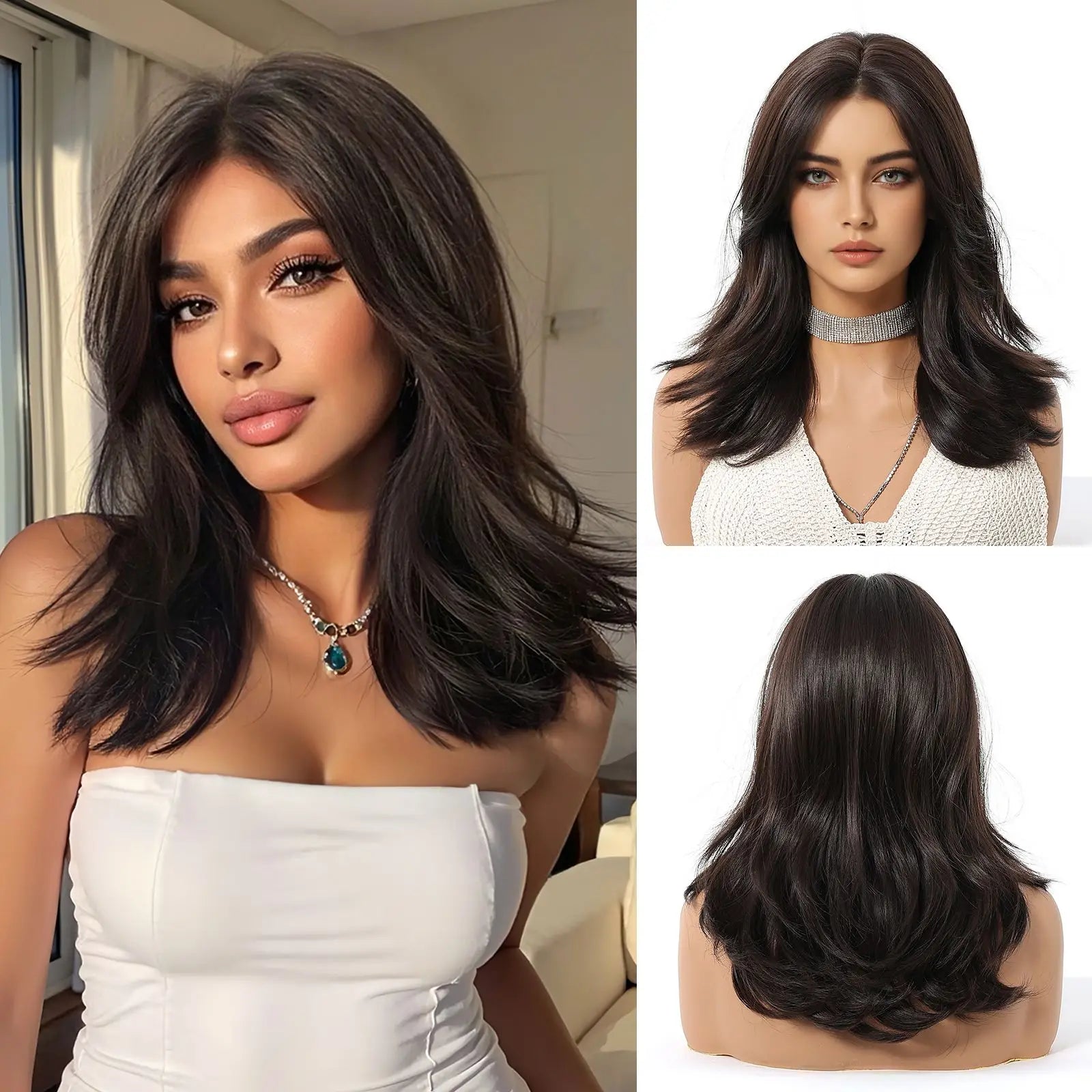 Blonde Brown Highlights Wigs Medium Length