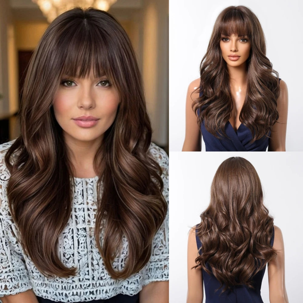 Brown Wavy Wigs for Women with Bangs Long Natural