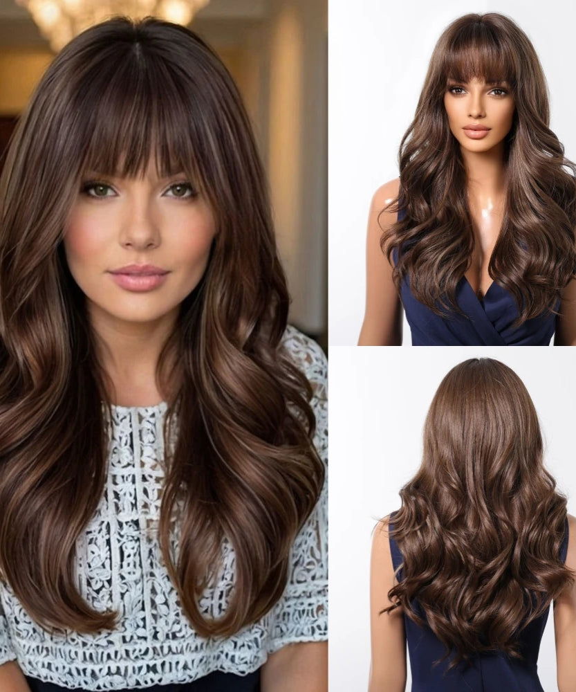 Brown Wavy Wigs for Women with Bangs Long