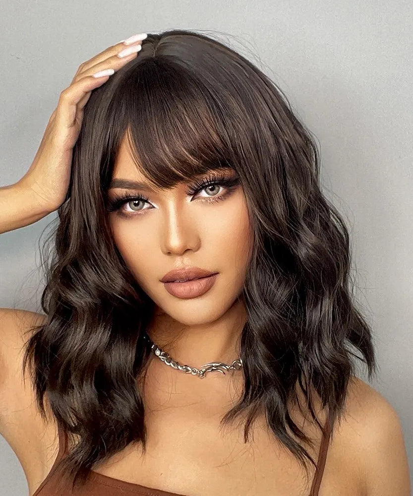 Short Wavy Bob Wigs for Women Dark Brown