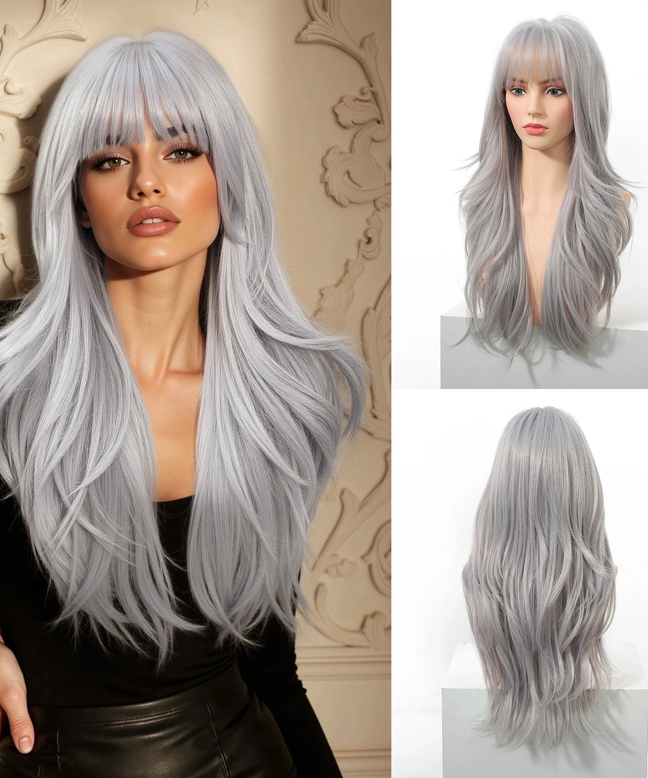 EASIHAIR Long Curly Synthetic Wigs with Bangs