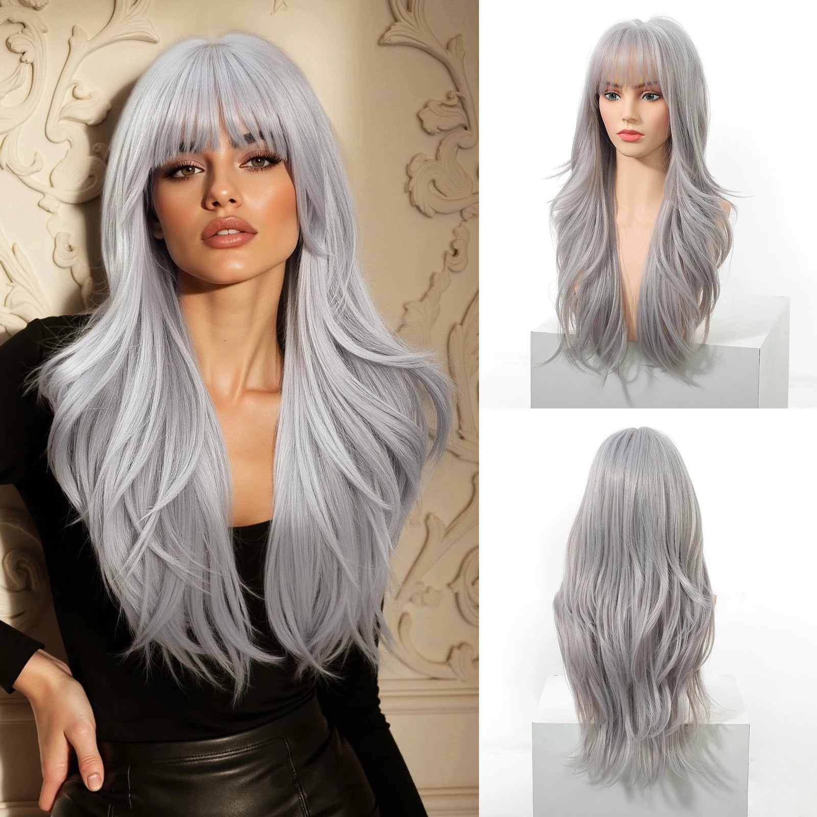 EASIHAIR Long Curly Synthetic Wigs with Bangs