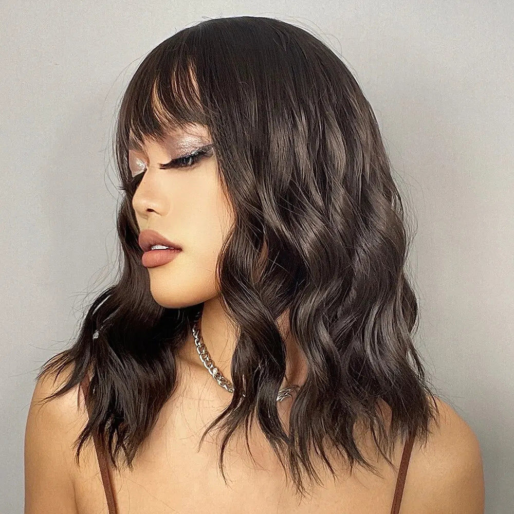 Short Wavy Bob Wigs for Women Dark Brown