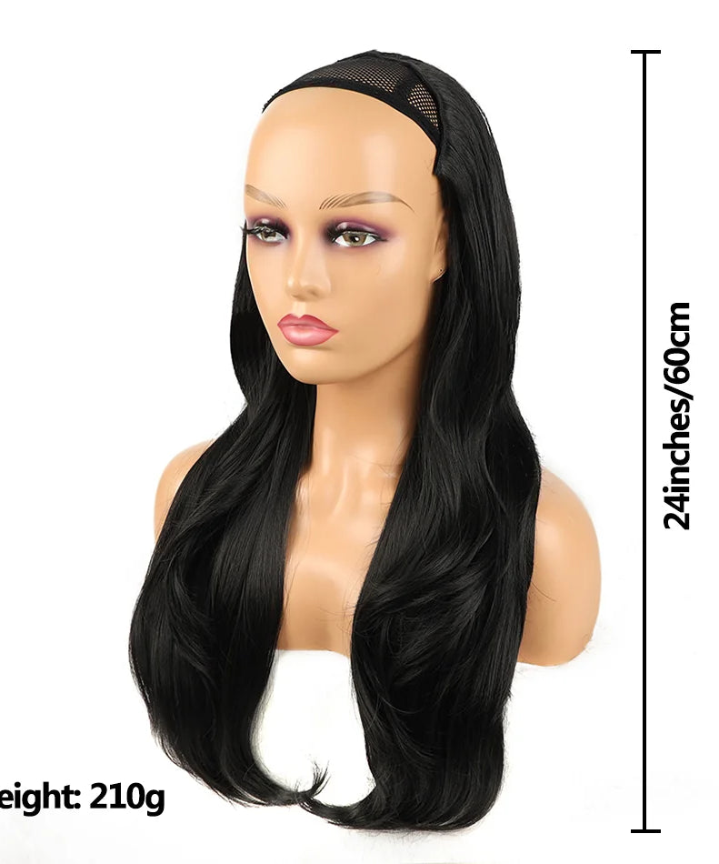24Inch Synthetic Long Wavy Head Tied 3/4 Half Wigs for Women With Clips In Curly Hair Extension Black Hairpieces Wigs Daily Use