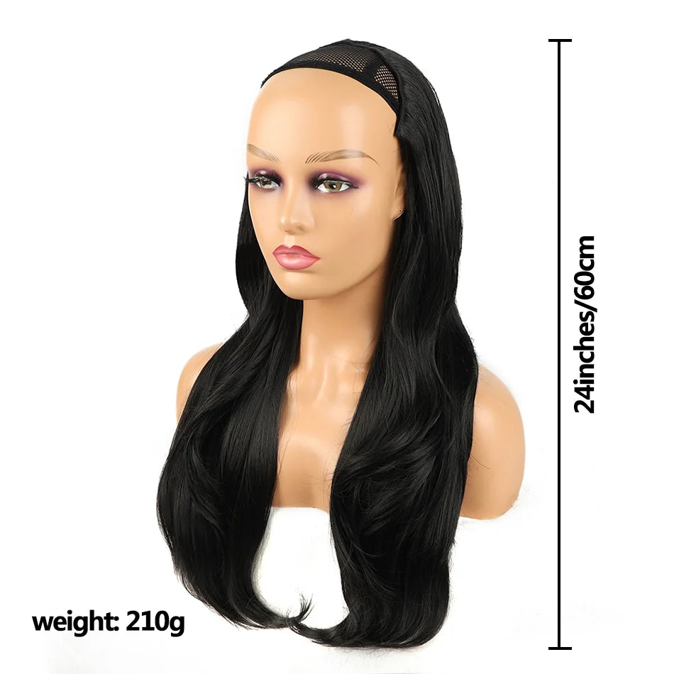 24Inch Synthetic Long Wavy Head Tied 3/4 Half Wigs for Women With Clips In Curly Hair Extension Black Hairpieces Wigs Daily Use
