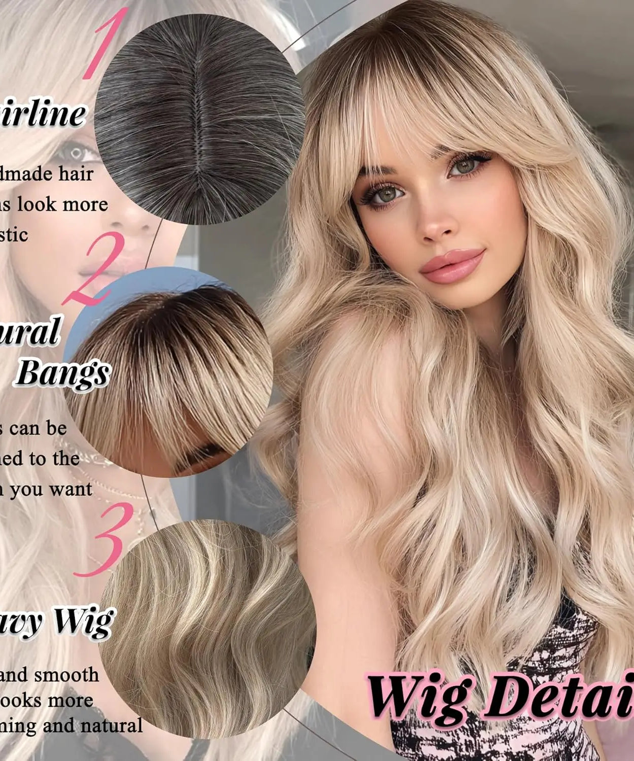 Ombre Blonde Wig with Bangs Long Wavy Wig Platinum Blonde Wigs for Women with Dark Roots Natural Synthetic Wigs Curly Hair