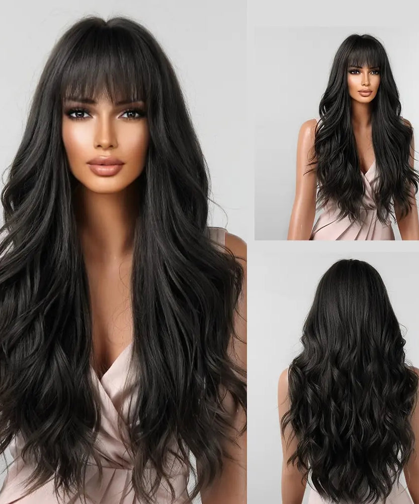 Brown Wavy Wigs for Women with Bangs Long