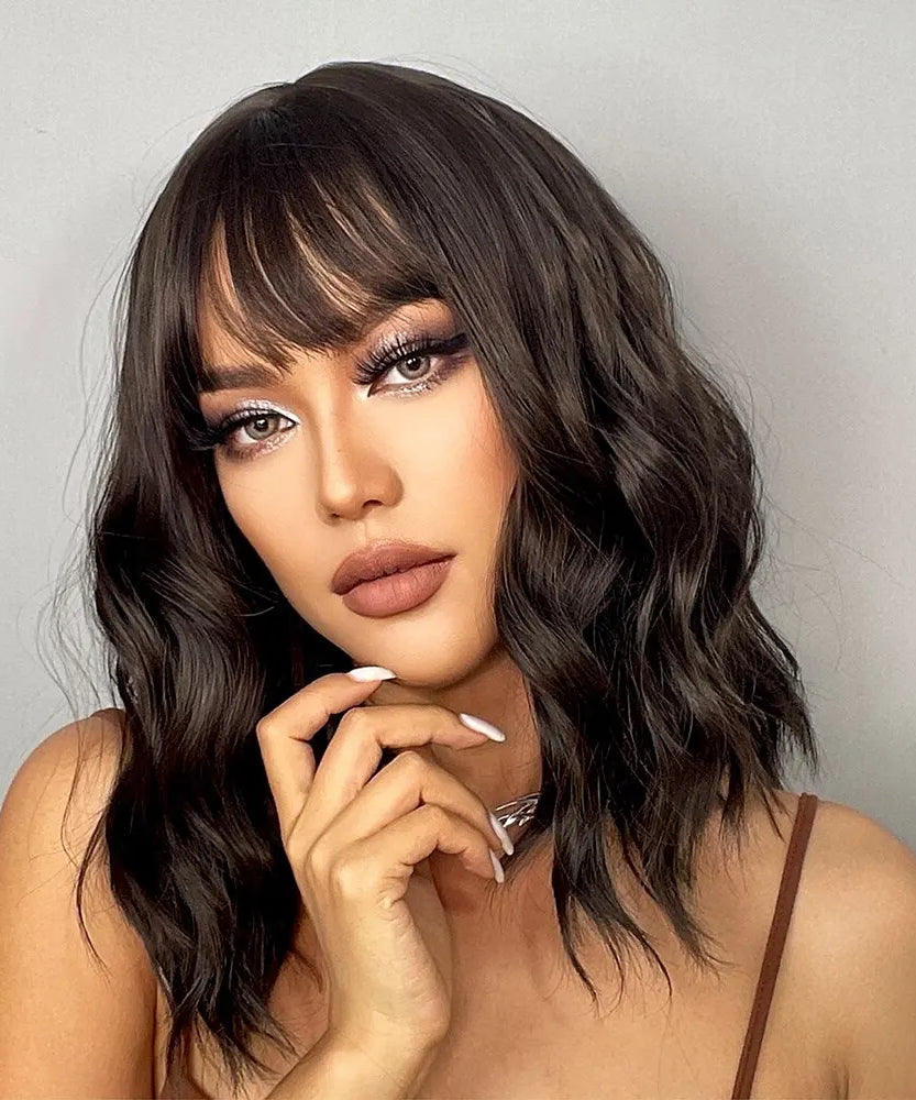 Short Wavy Bob Wigs for Women Dark Brown