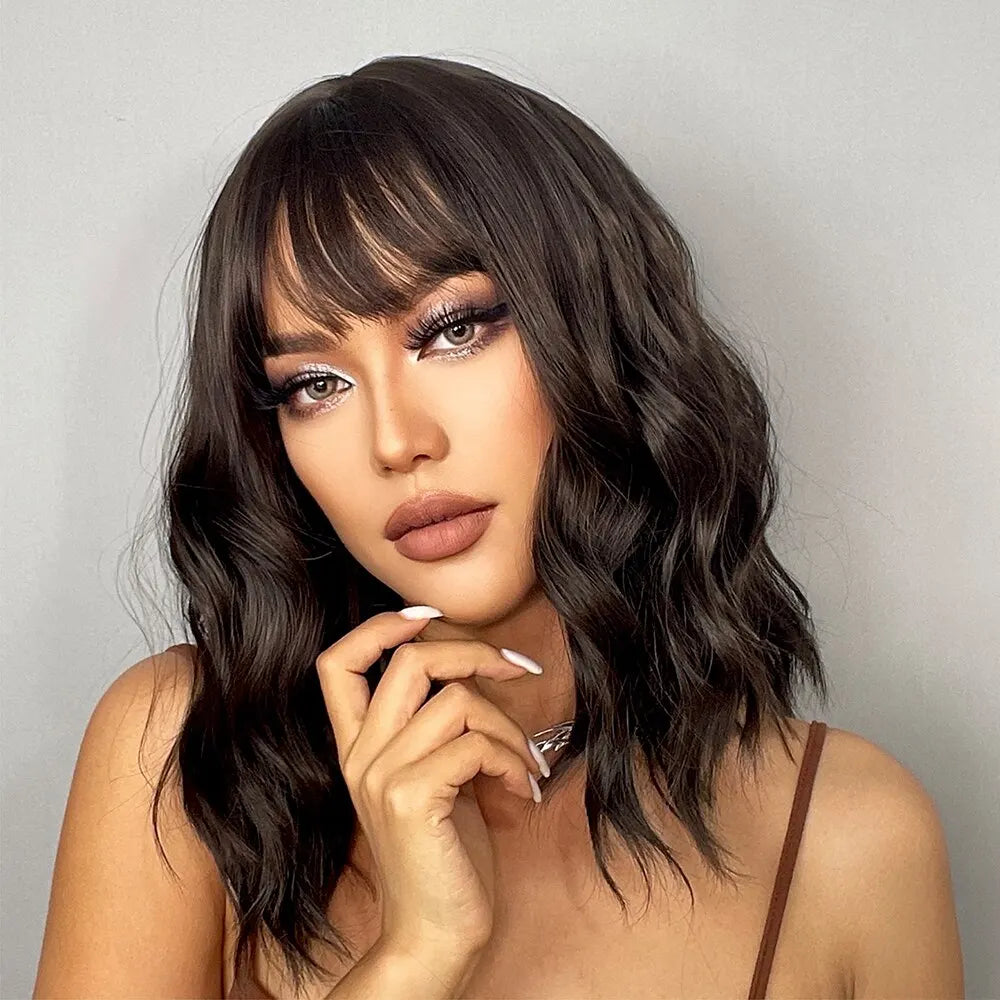 Short Wavy Bob Wigs for Women Dark Brown