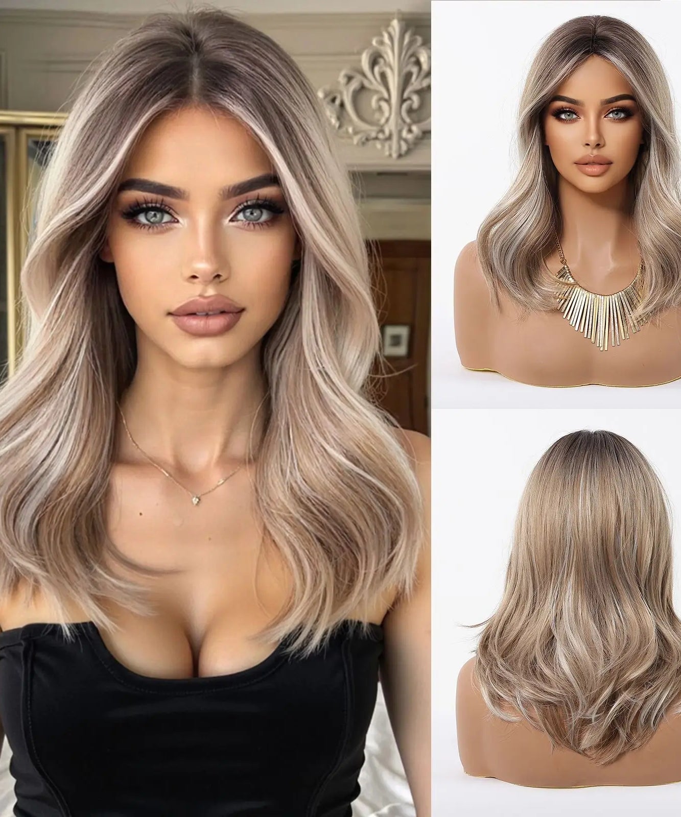 Blonde Brown Highlights Wigs Medium Length