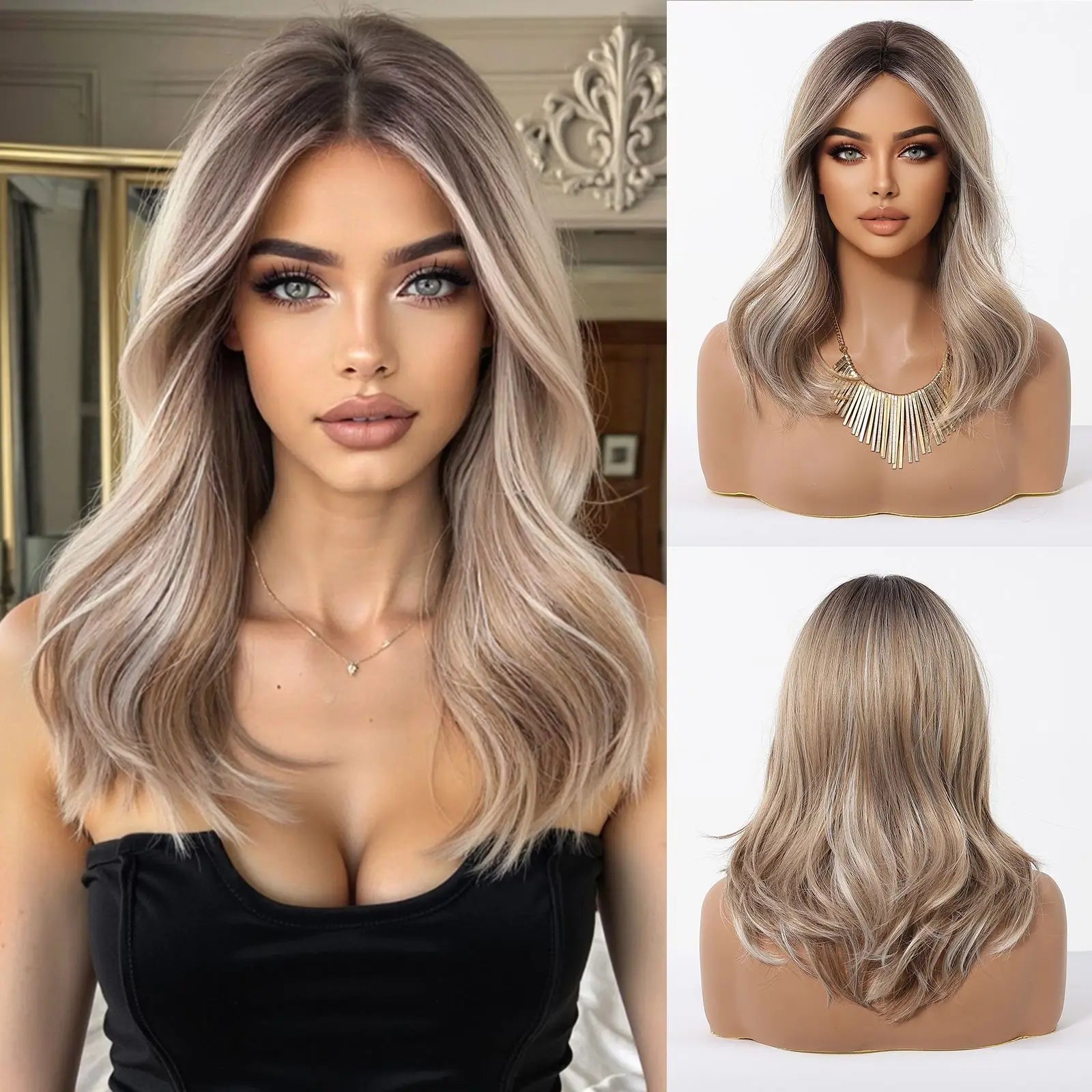 Blonde Brown Highlights Wigs Medium Length