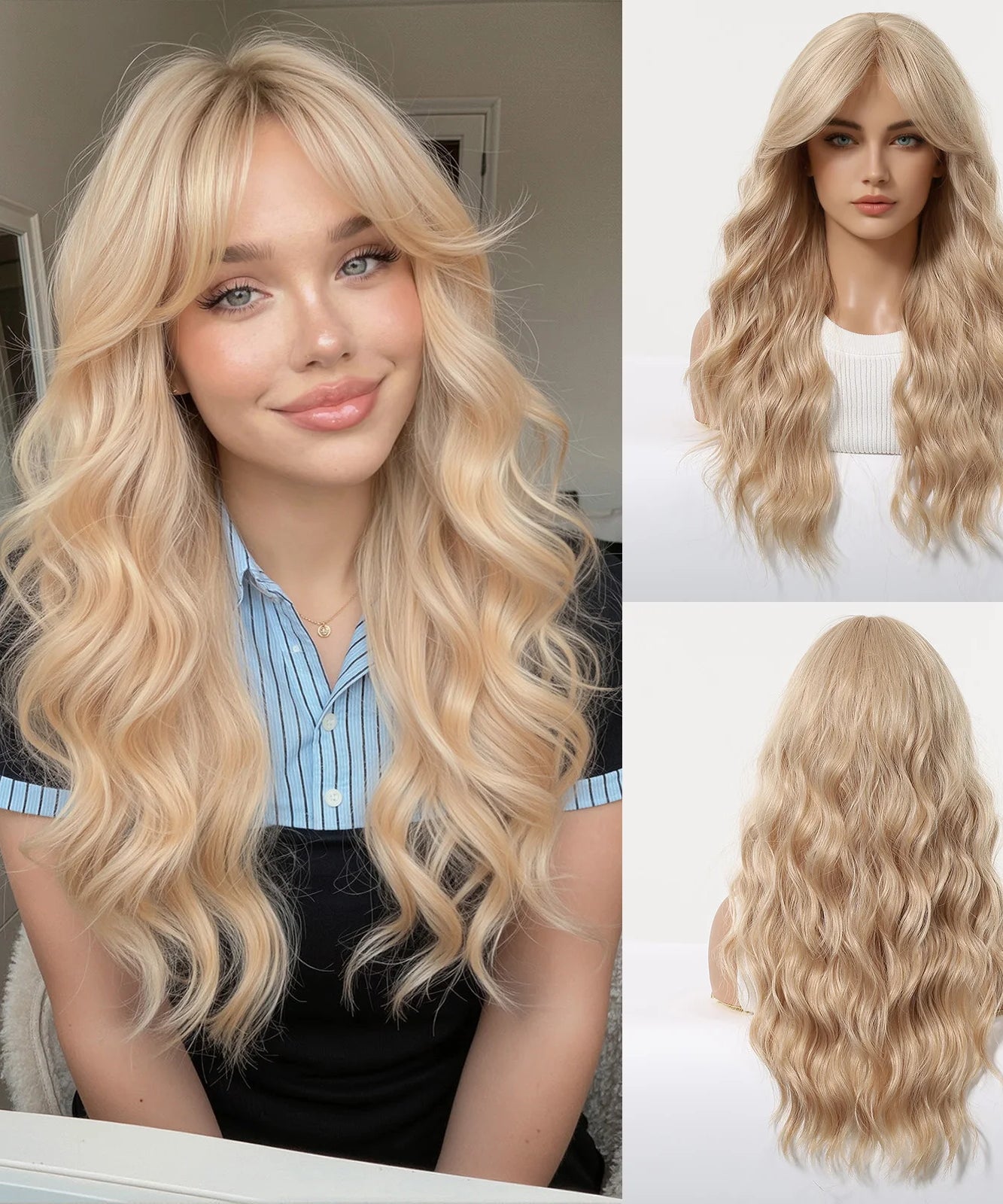 Long Wavy Wig with Bangs Light Blonde Body Wave