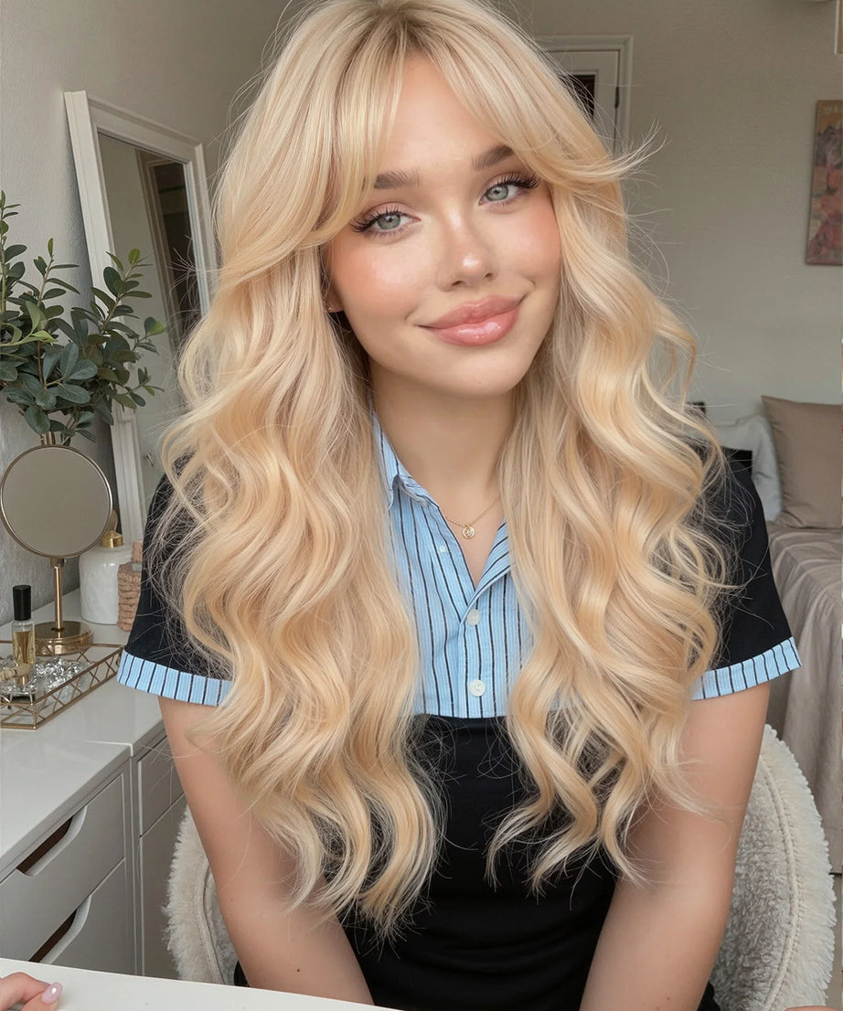 Long Wavy Wig with Bangs Light Blonde Body Wave